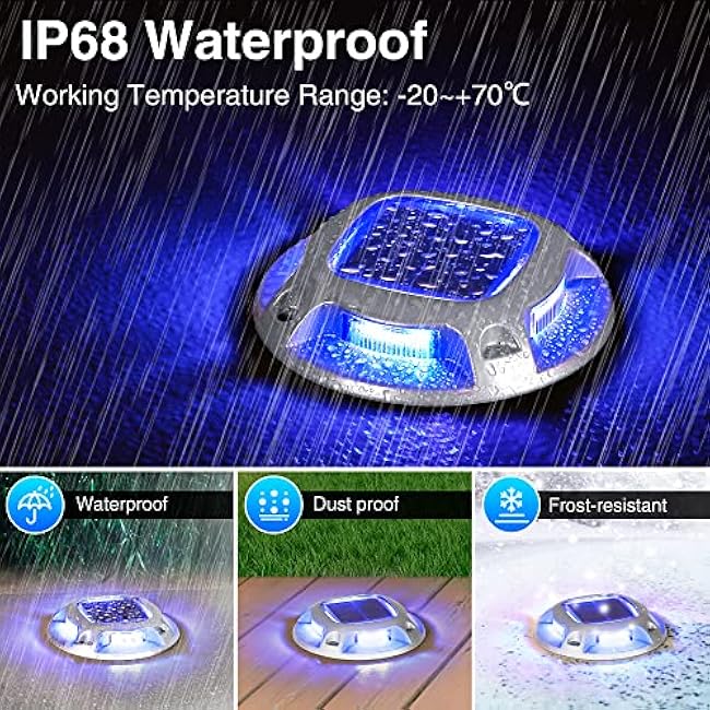 Solar Driveway Lights with 2 Color Modes, IP68 Waterproof Solar Deck Lights 10 Pack, Outdoor LED Solar Dock Lights Marine Marker Lights for Step, Sidewalk, Pathway, Patio, Garden (Blue/White)