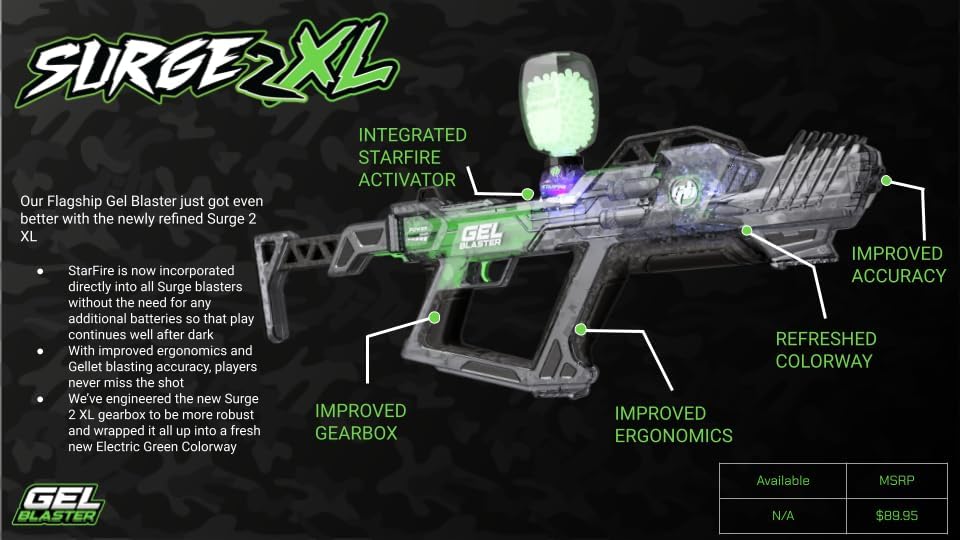 Miniatura 7 de Gel Blaster Surge XL 2 con activador de brillo Starfire integrado, juguete GelBlaster mejorado con rango de más de 150 pies, munición de cuentas de