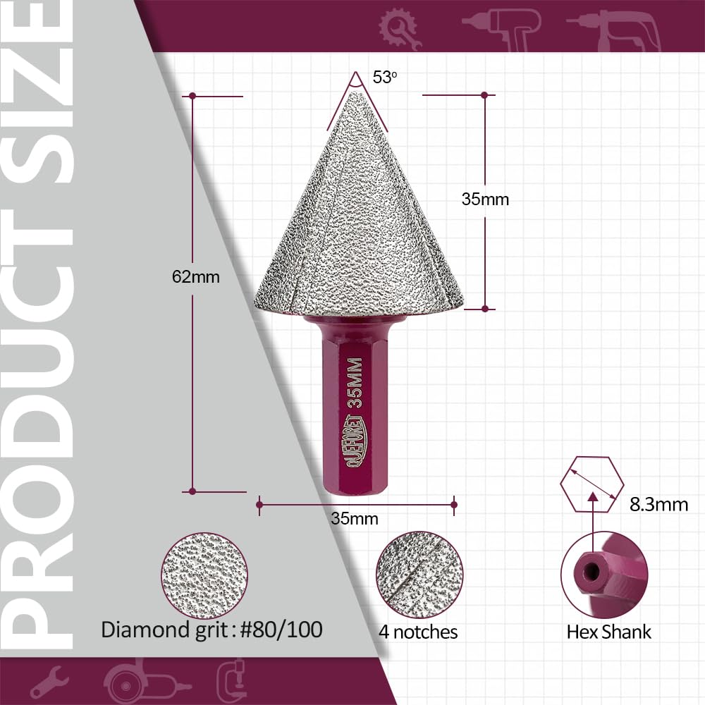 Mèches de Chanfrein Diamant 35mm - Fraise pour Meuler Arrondir Tailler les Trous dans le Carrelage Céramique Porcelaine Marbre Granit, Tige Hexagonale