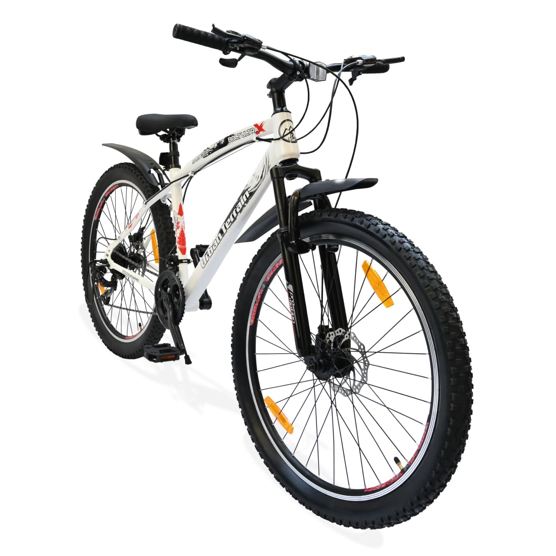 Urban Terrain Bolt Ultra Steel 27.5 inch Geared Cycle 21 Speed with Front Suspension & Disc Brake Bicycle for Men/Boys Mountain Bike | Ideal for 15+ Years, Unisex, Frame Size :17.5 inch, White