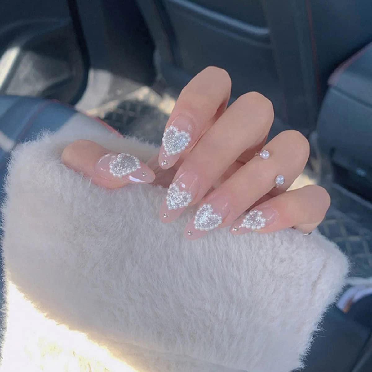 Amazon.com: Valentines Day Press on Nails Long, Coffin Fake Nails, Nude  Pink White Heart False Nails with Glue Heart Peal Luxury Valentine Design  Glossy Ballerina Acrylic Nails Press on, Stick on Nails