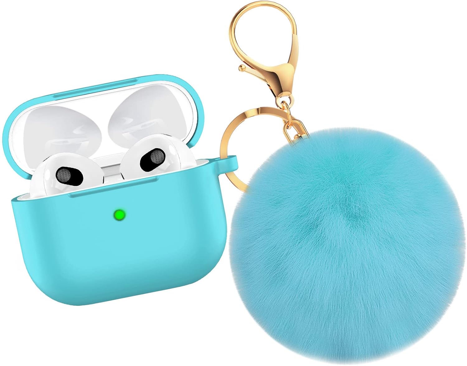 Product image of OULUOQI for AirPods 3 Case Cover (2021 Version), Soft Silicone Case with Fur Ball Keychain for Girl,Women, Shockproof Protective Cover for AirPods 3 gen Charging Case [Visible Front LED]-Emerald green