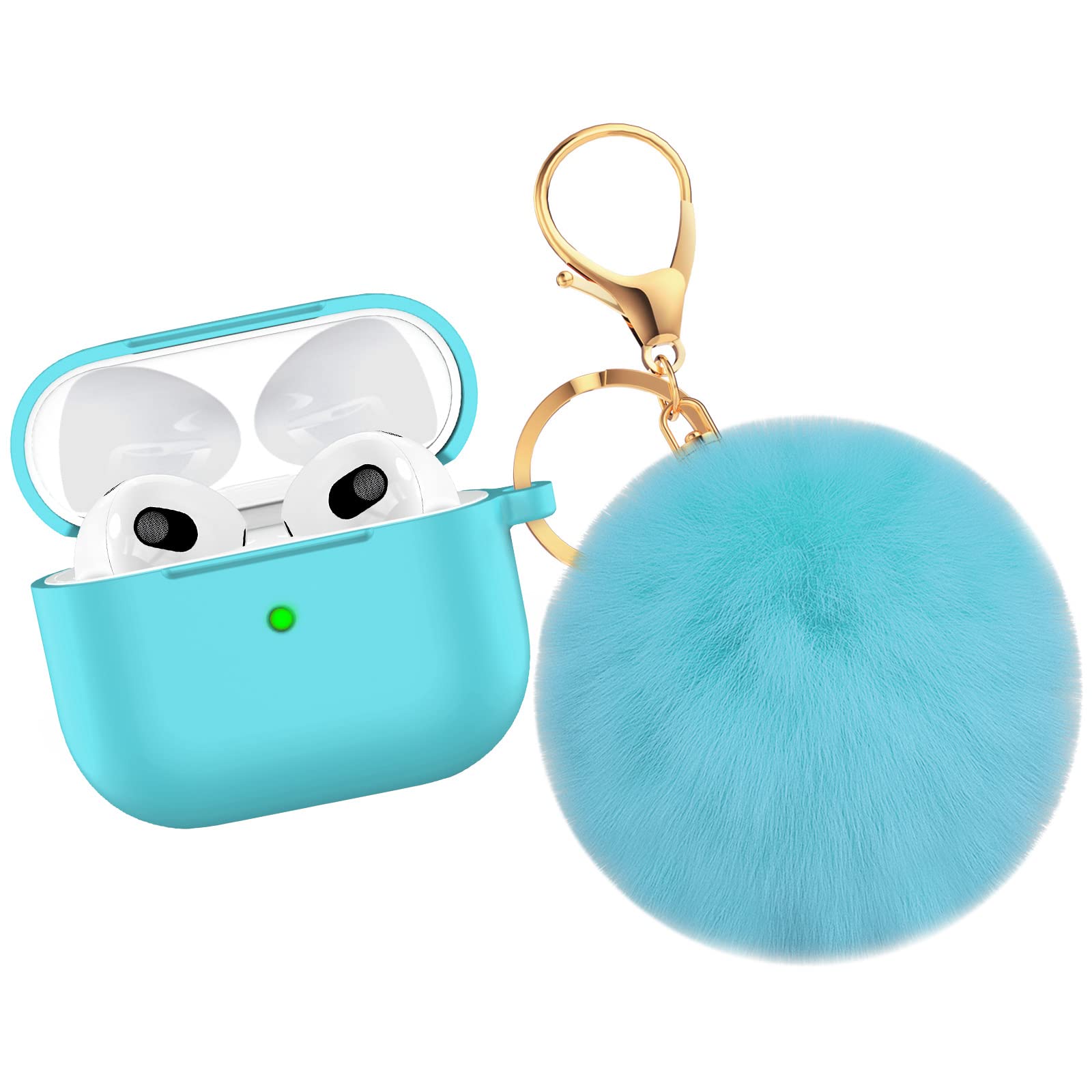 OULUOQI for AirPods 3 Case Cover (2021 Version), Soft Silicone Case with Fur Ball Keychain for Girl,Women, Shockproof Protective Cover for AirPods 3 gen Charging Case [Visible Front LED]-Emerald green
