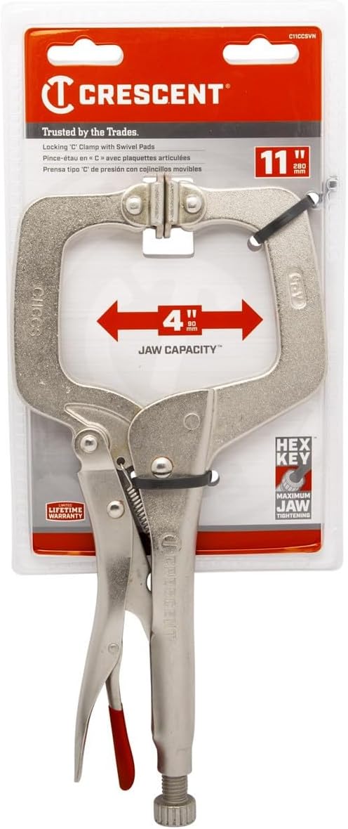Crescent Locking C-Clamp with Swivel Pad Tips - Heavy-Duty Adjustable Clamp with Hex Key Recess & Compound Action - C11CCSVN - 11", Red
