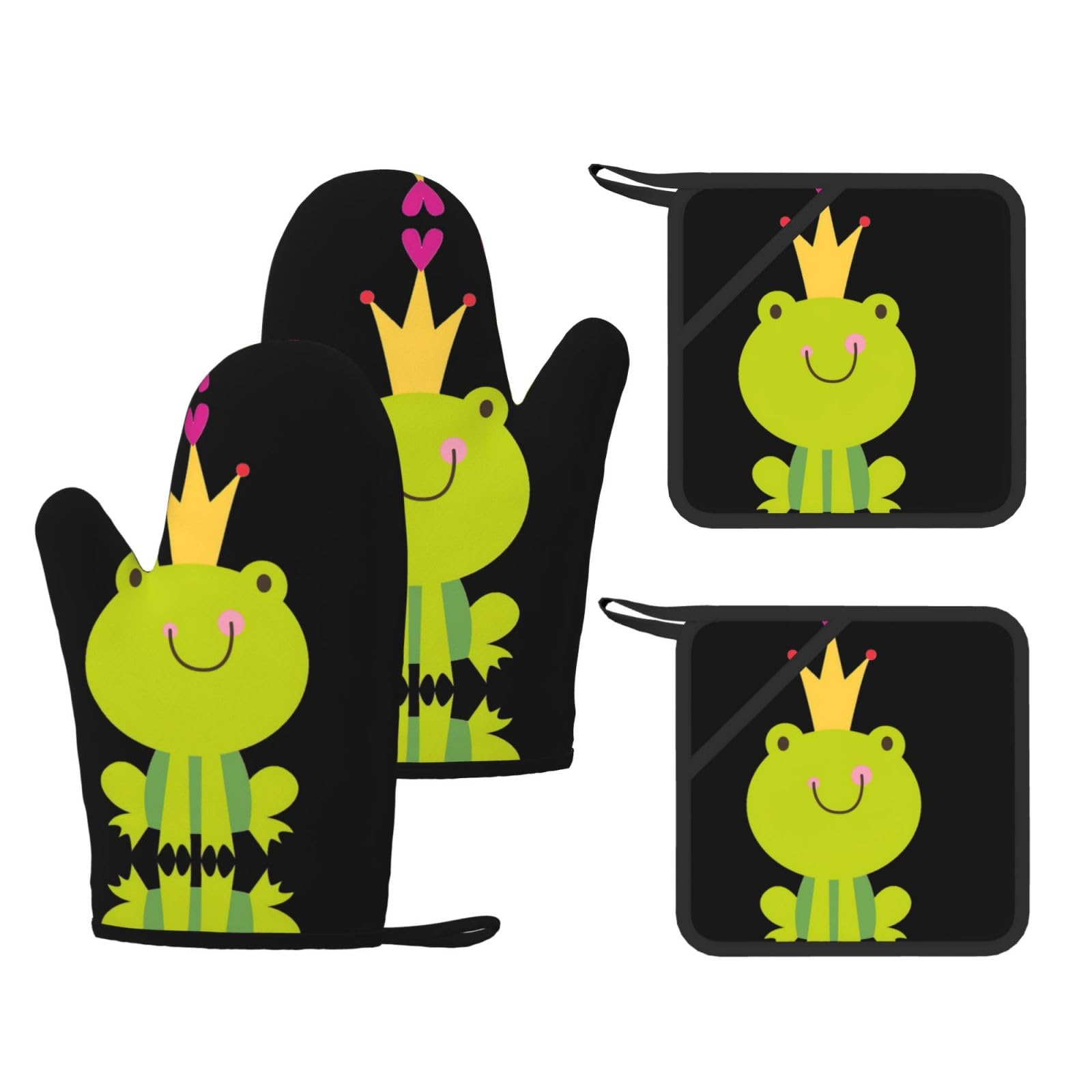 Eeprty Black Crown Frog Printed Kitchen Oven Gloves And Potholder 4 Pcs, Non-Slip Heat Resistant Mitts For Baking Chef