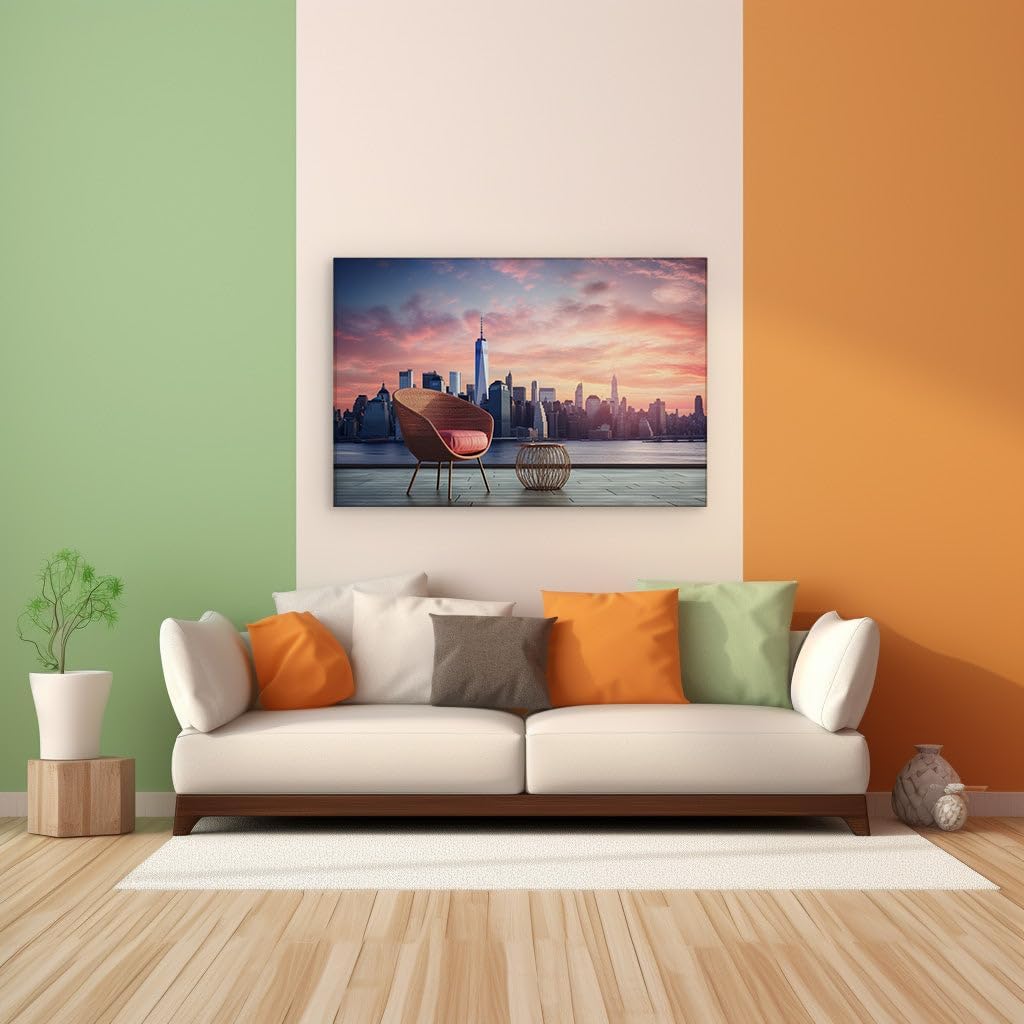 Canvas for Living room. Sunset Serenity in New York: A Rooftop Retreat Overlooking the Cityscape, 27 x 18 inch Canvas Wall Art - Ready to Hang - 69x46 cm (27x18 inch)