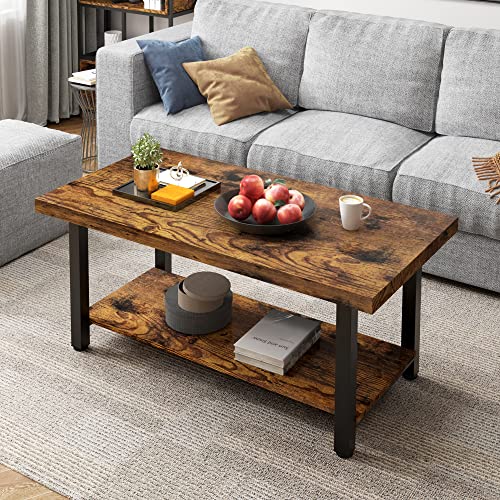 Retro Wood Coffee Table with Storage Shelf, Mid-Century Modern Cocktail Table, 2-Tier Rectangle Center Sofa Table Tea Table for Living Room Reception Area, Metal Frame, Easy Assembly, 42 Retro Wood Coffee Table with Storage Shelf, Mid-Century Modern Cocktail Table, 2-Tier Rectangle Center Sofa Table Tea Table for Living Room Reception Area, Metal Frame, Easy Assembly, 42