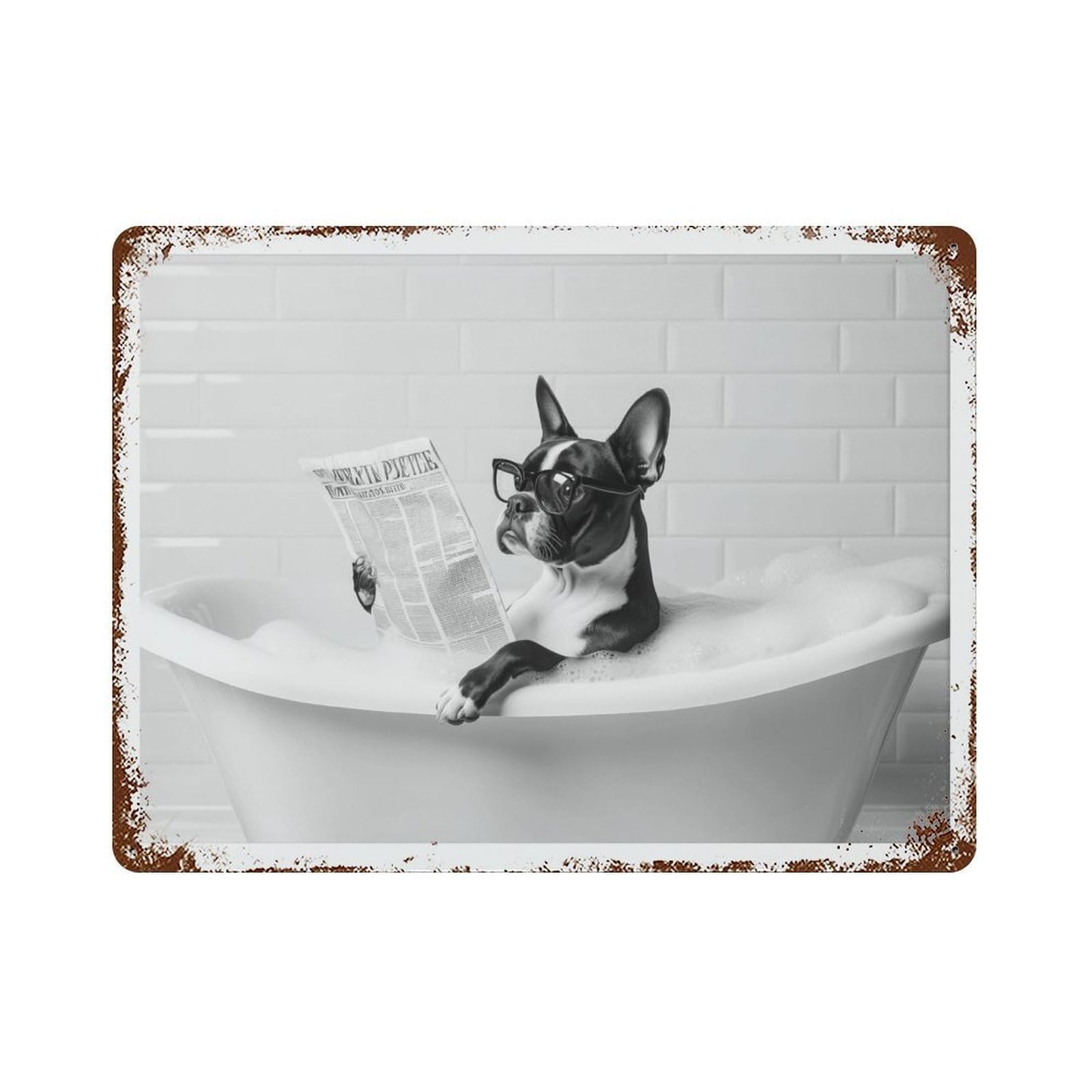 xiaoxiaoshen Boston Terrier Bathtub Funny Dog in Bubble Bath, Reading Newspaper Wall Decor Art Metal Tin Poster Modern Home Decor Art Home Bar Shop Decorations Vintage Sign 30x40cm