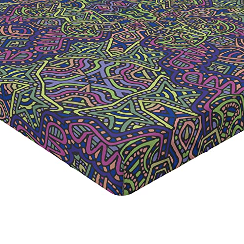 Ambesonne Psychedelic Fitted Sheet, Fractal Pattern 90'S Style Tribal Themed Modern Mandala Bohemian Hippie Print, Soft Decorative Fabric Bedding All-Round Elastic Pocket, Queen Size, Green Purple #TOP3