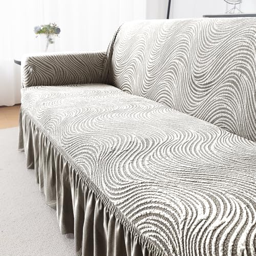 Image of HOKIPO 240 GSM Premium Jacquard Sofa Cover 3 Seater Fully Covered, 'Serene Wave Series' Vanilla Beige (AR-6354-CRM)