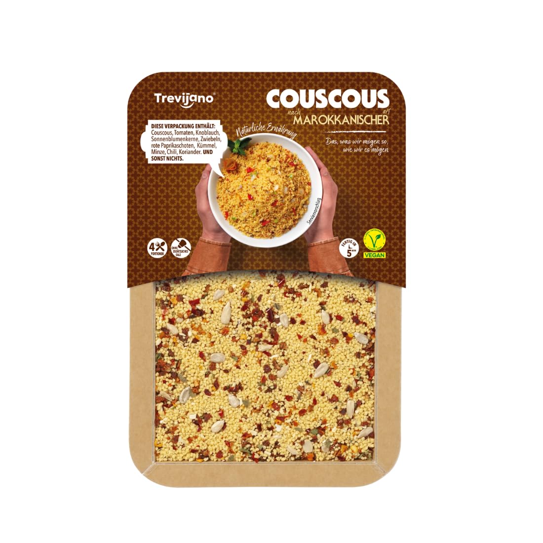 Trevijano Cous Cous Marocain: 6 barquettes de 300g chacune. Sans additifs ni conservateurs: Cous cous, tomate séchée, graines de tournesol, ail, poivron rouge, oignon, cumin, menthe, piment, coriandre