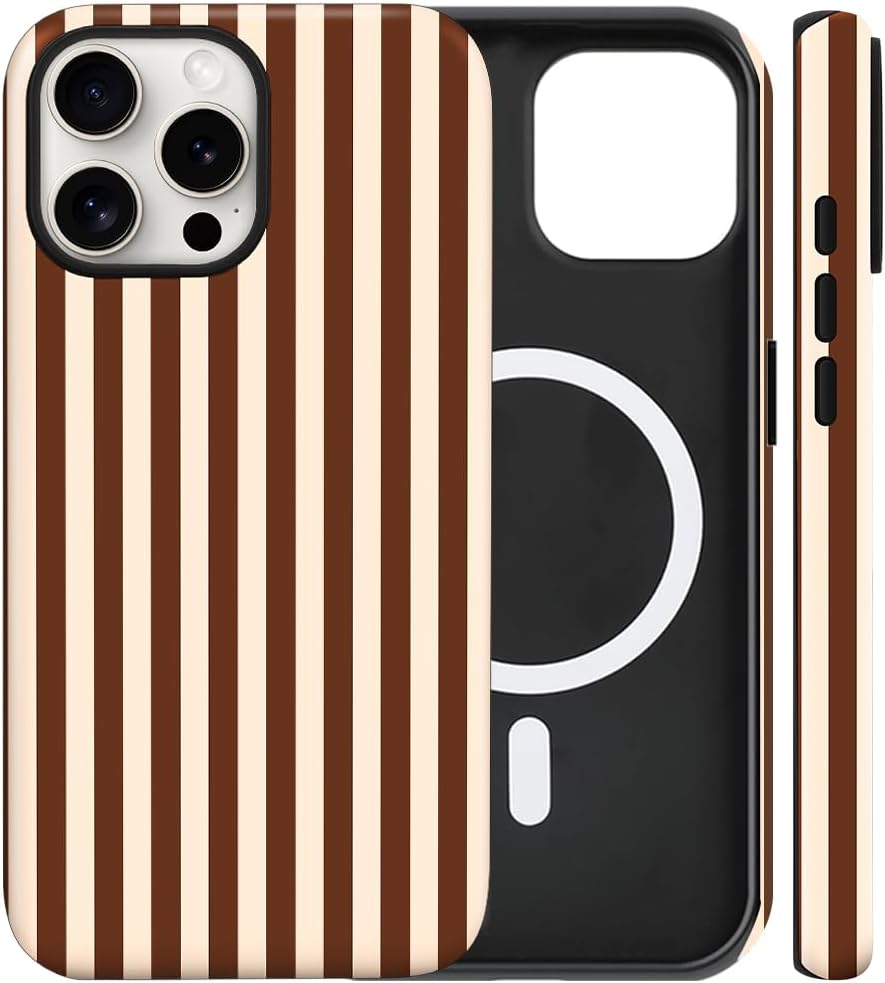 Magnetic for iPhone 11 Case Cute Stripes Phone Case, Shockproof Slim TPU and Hard PC Protective Phone Cover Compatible with MagSafe Designed for Women Girls, Brown