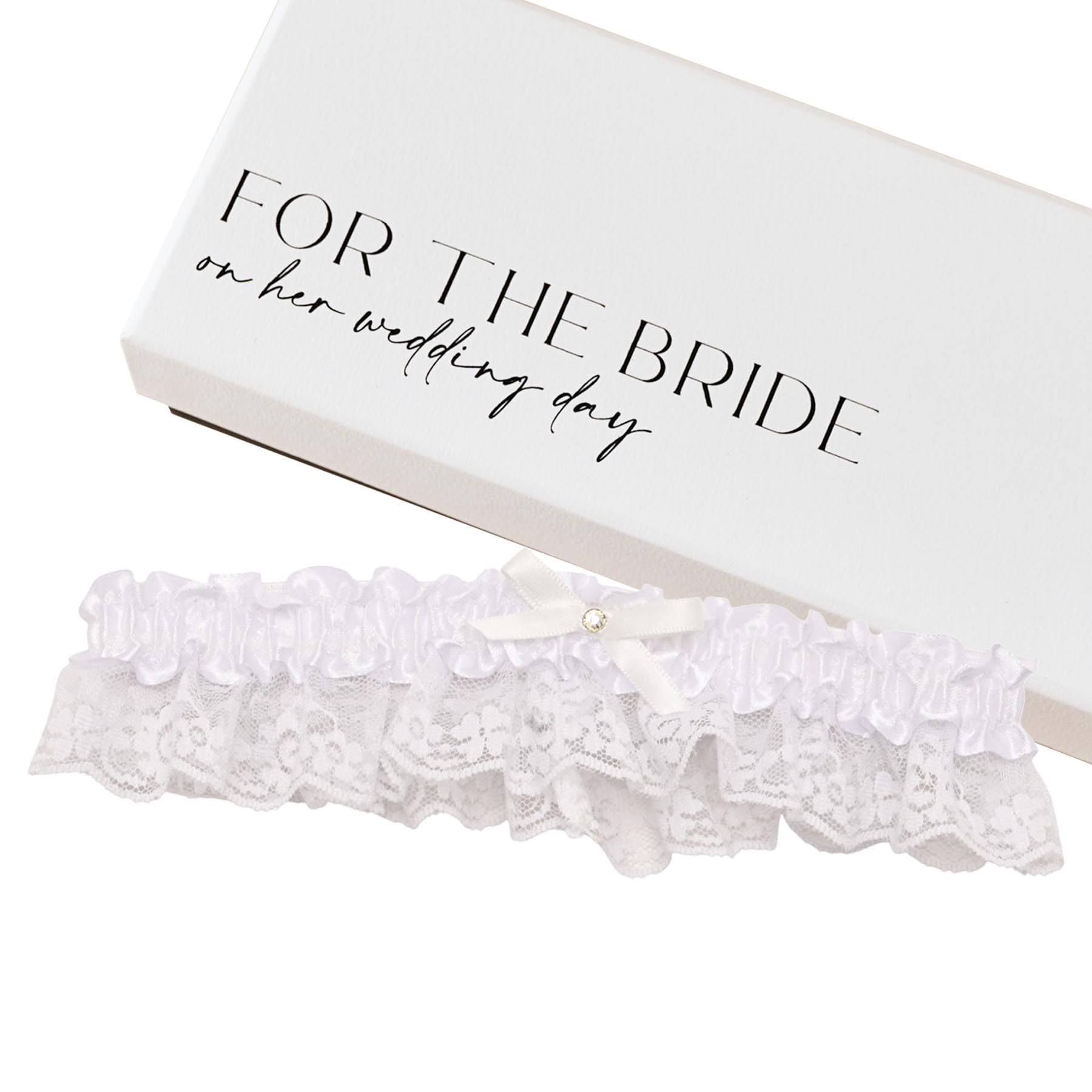 Wedding Garter Gift Boxed for Bride White Satin with Lace and Ribbon Bow Keepsake