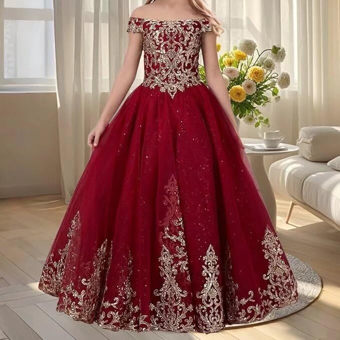 Tulle Flower Girl Dress Off Shoulder Pageant Dresses Sparkly Appliques First Communion Dress for Girls Ball Gowns2