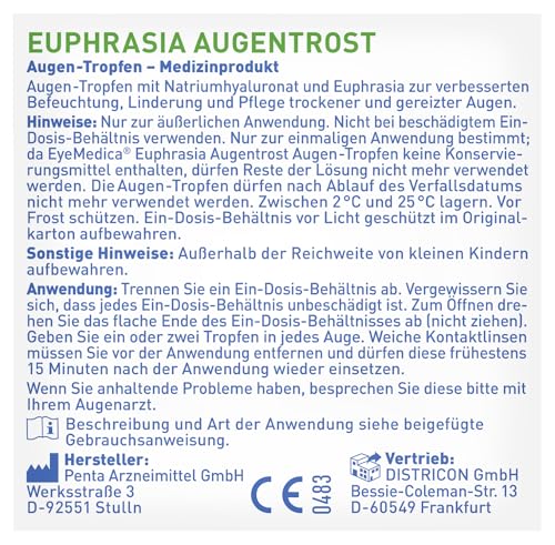 EyeMedica Euphrasia Augentropfen gegen trockene Augen und gereizte Augen, Befeuchtung, Linderung und Pflege, mit Hyaluron, 30 x 0,4 ml Einzeldosen