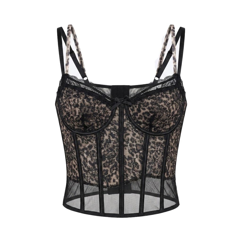 Women Leopard Print Lace Trim, Sheer Panel, Underwire Bustier Corset Crop Bralette Top Dn3013-image-11