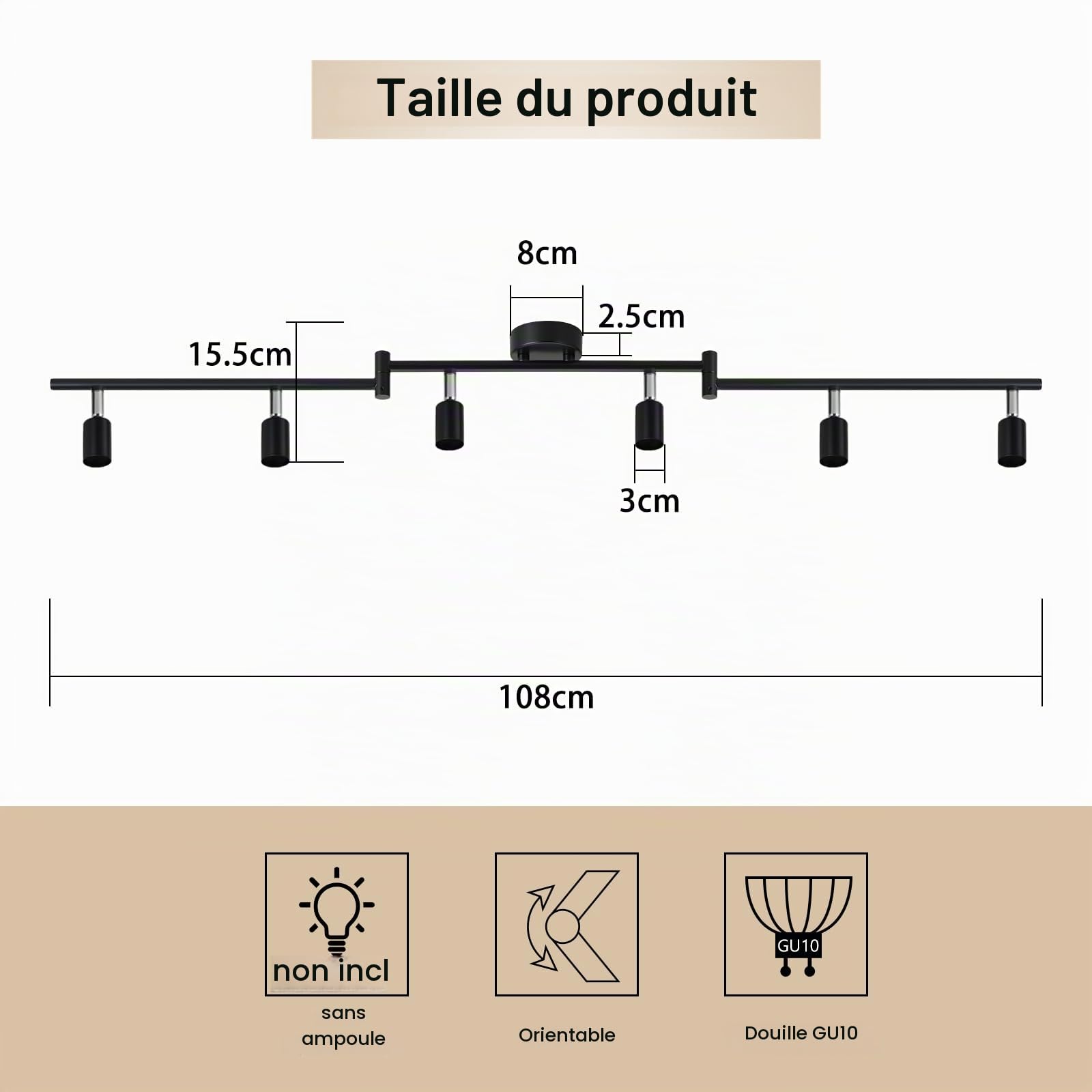 Plafonnier LED 6 Spot GU10 Éclairage Plafond Noir Luminaire Spot
