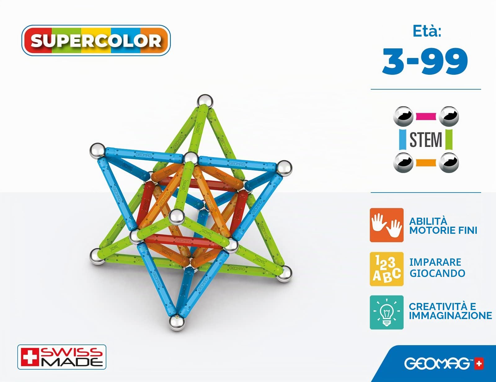 Geomag Classic Supercolor Recycled 93, Costruzioni Magnetiche, Barrette e Pannelli Colorati, Confezione da 93 Pezzi, Plastica 100% Riciclata