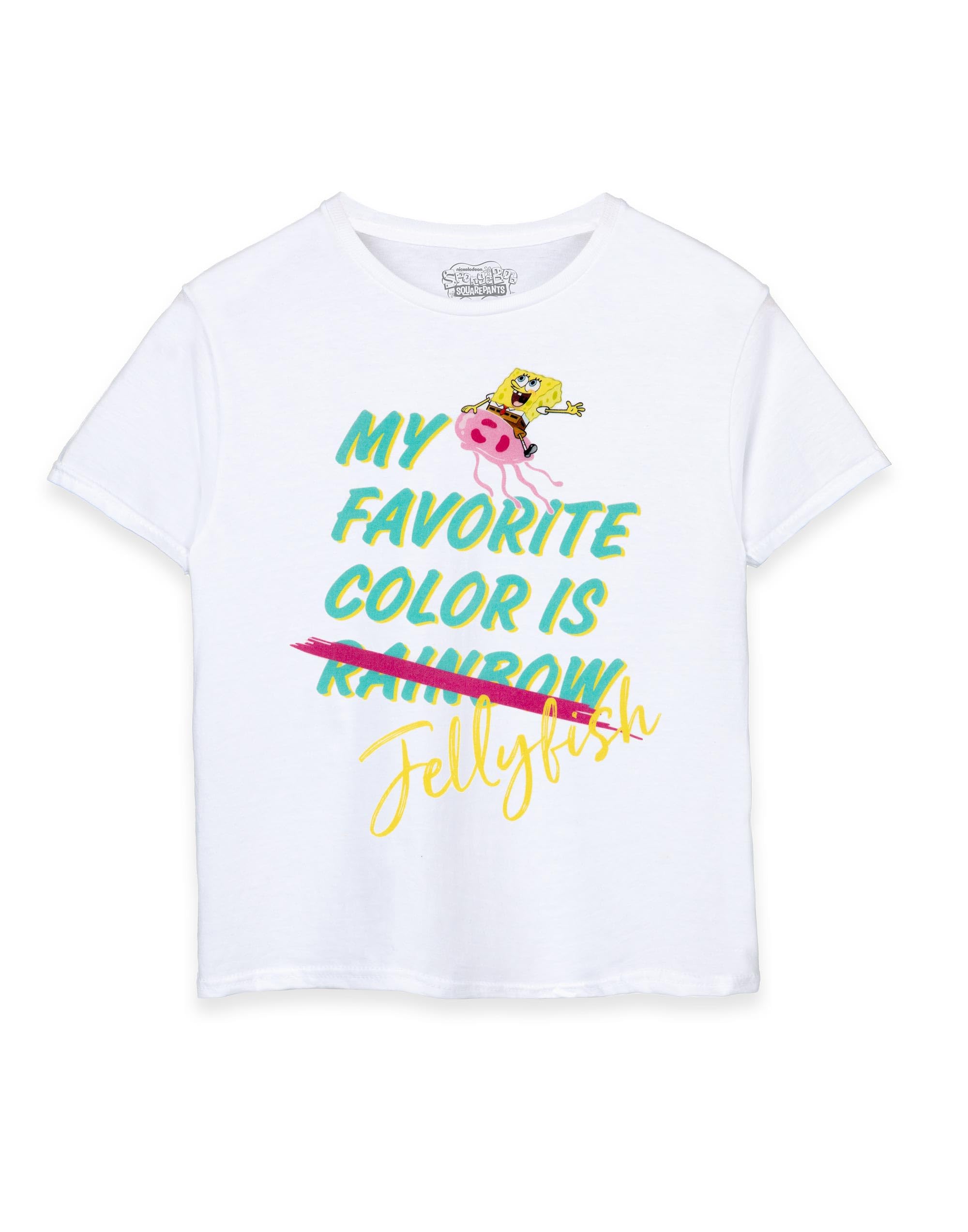 Spongebob Squarepants Girls White T-Shirt In | My Favorite Color Is Jellyfish Kids Short Sleeve Graphic Tee | Lightweight Retro Cartoon Short-Sleeved Top | Sponge Bob Merchandise Gift For Children