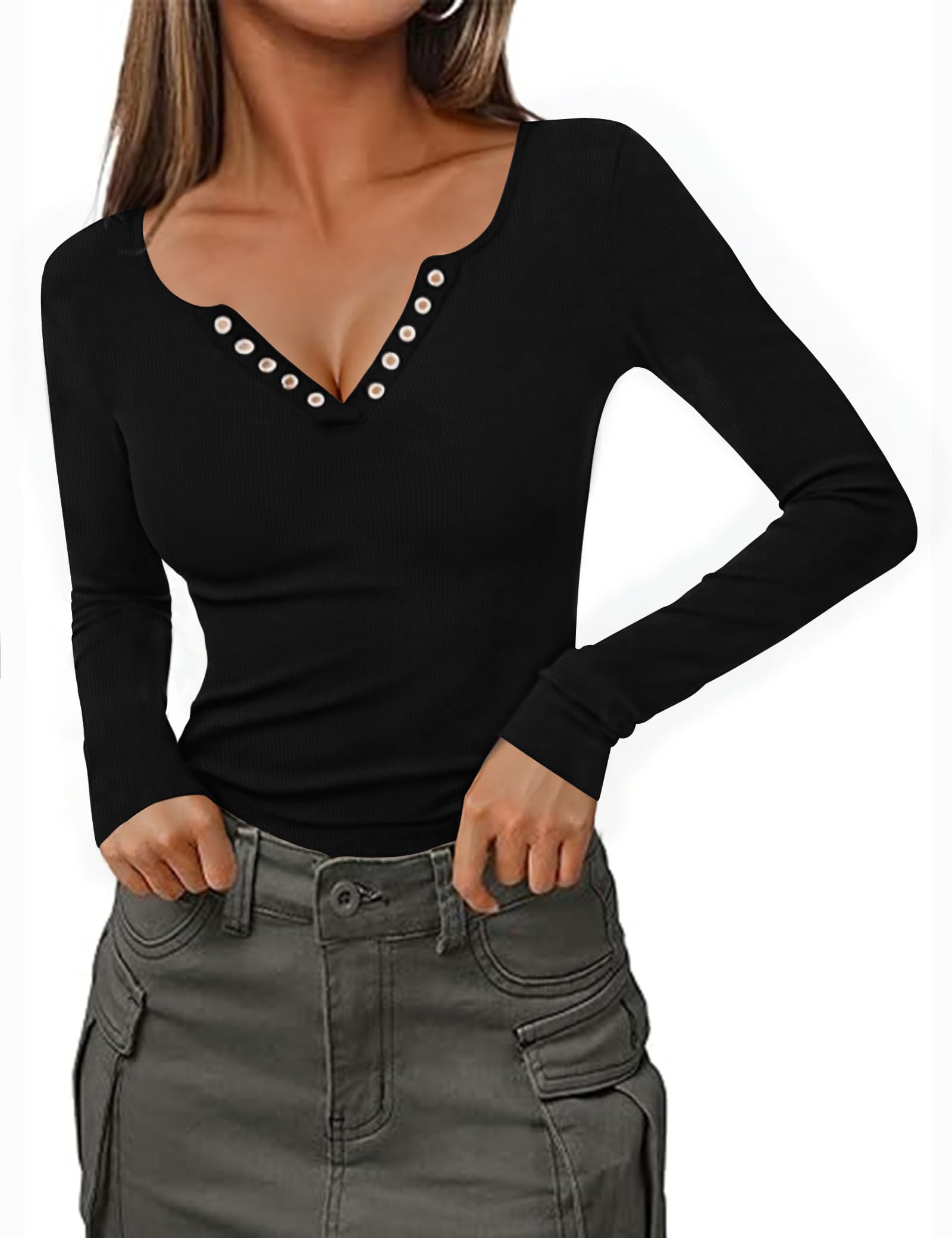 Totatuit Damen Langarmshirt V Ausschnitt Gerippt Shirt Slim Fit Oberteile Stretch Dünn Top Langarm Sexy Casual