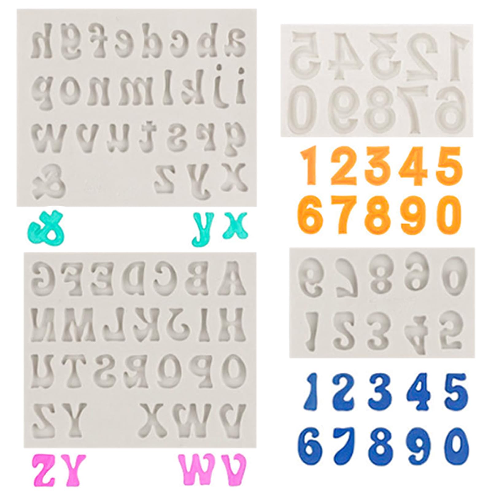 4 PCS Silicone Letters Numbers Molds Edible Letters Mold 0-9 Uppercase Lowercase Alphabet Reusable 3D Letter Moulds for Baking Desserts Birthday Cake Decoration Candy Gummy Ice Cube Tray