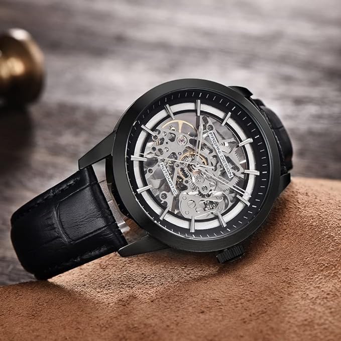 Pagani Design 1638 Herrenuhr 43MM Skelettierte Automatik Herrenuhr mit Saphirglasgehäuse Edelstahlgehäuse Lederarmband Luxus Sportuhr.