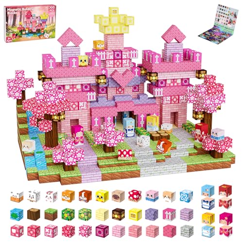 300PCS Magnetic Blocks Building Toys for Kids - 0.8in Magnet Cubes Cherry Blossom Forest Theme Toddler Toys STEM Preschool Educational Sensory Construction Set Birthday Gifts for Boys Girls Age 3-8