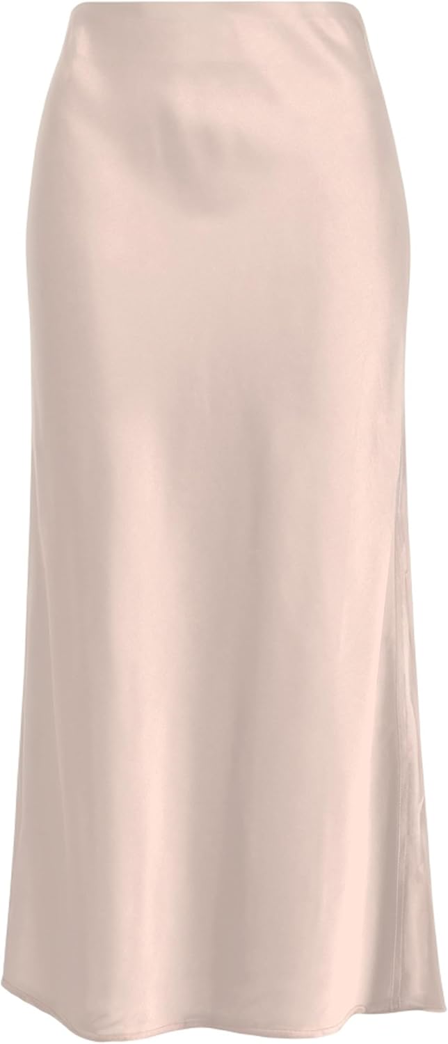 Women's Solid Satin High Waist Midi Long Skirt Hidden Elastic Waistband Skirt for Women-Made in USA