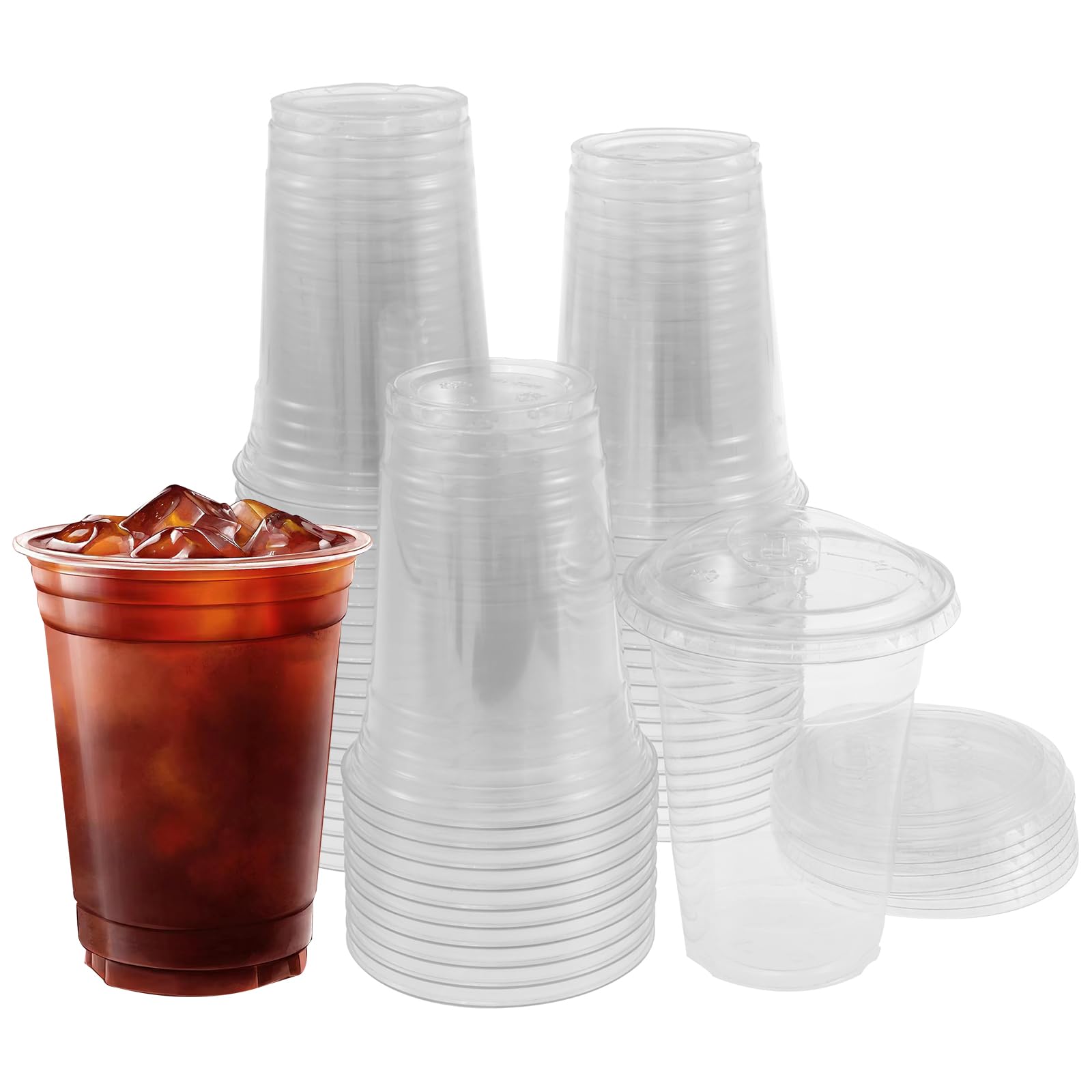KHZSPP 100Pcs Plastic Cups Food Grade Cups with Strawless Sip Lids Crystal Clear Plastic Coffee Cups Eco Friendly to Go Cups for Iced Coffee Smoothies Soda Juice(500ml+Direct Cover)