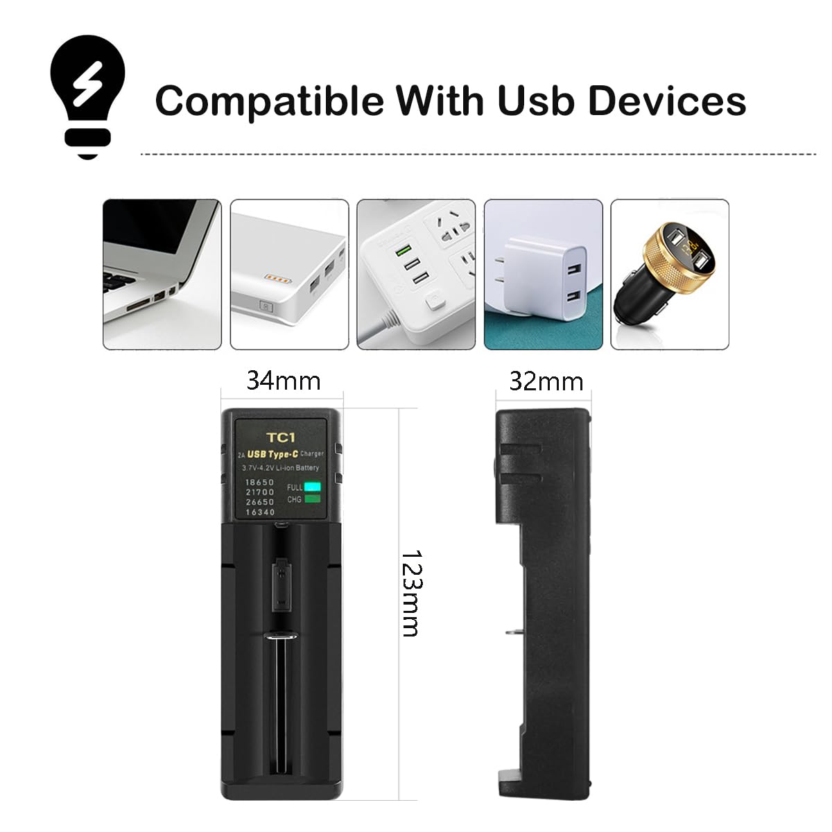 Cargador de batería 18650, cargador de batería universal de una sola ranura para baterías recargables de iones de litio de 3.7 V