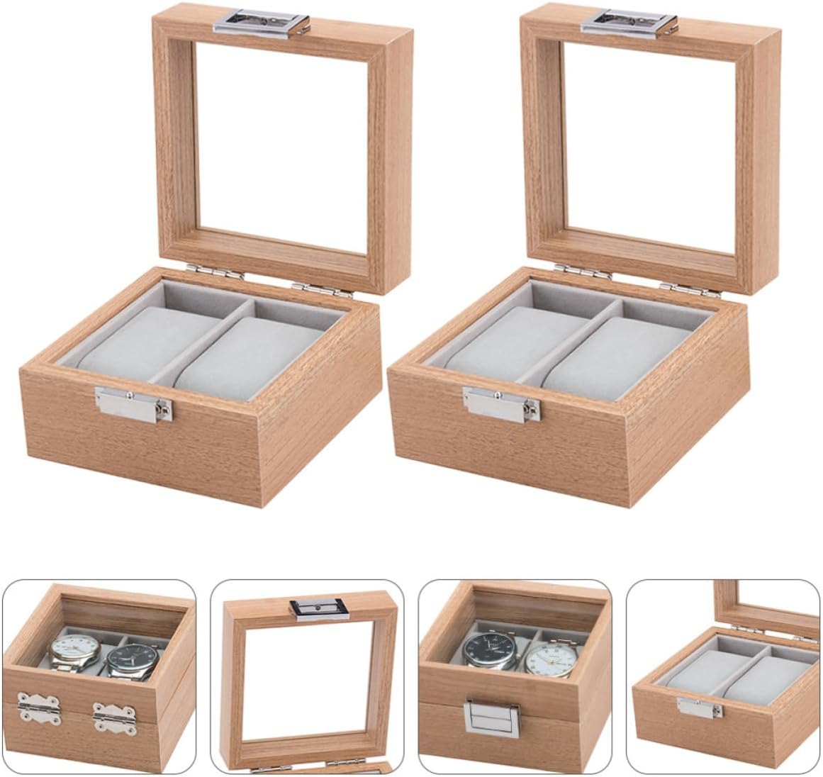 2pcs Wooden Watch Display Box with 2 Slots and 2 Grids Beige