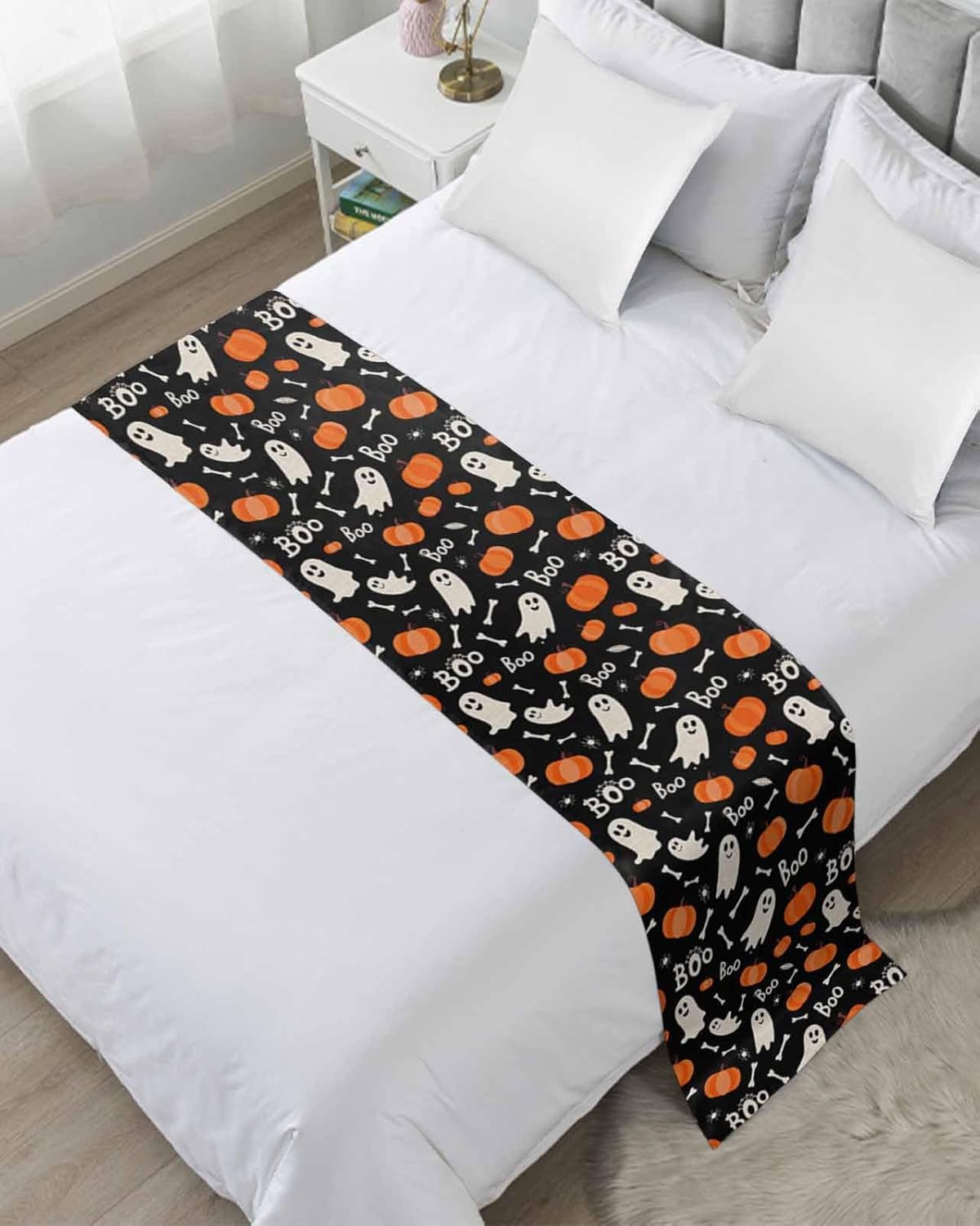 Black Halloween Bed Runner Scarf Full Queen Size, Cute Ghost Orange Pumpkins Fall Luxury Bed Throw Runners & Scarves for Twin Full Queen King Foot of Bed, Bedroom Hotel Decoration, 83"x20"