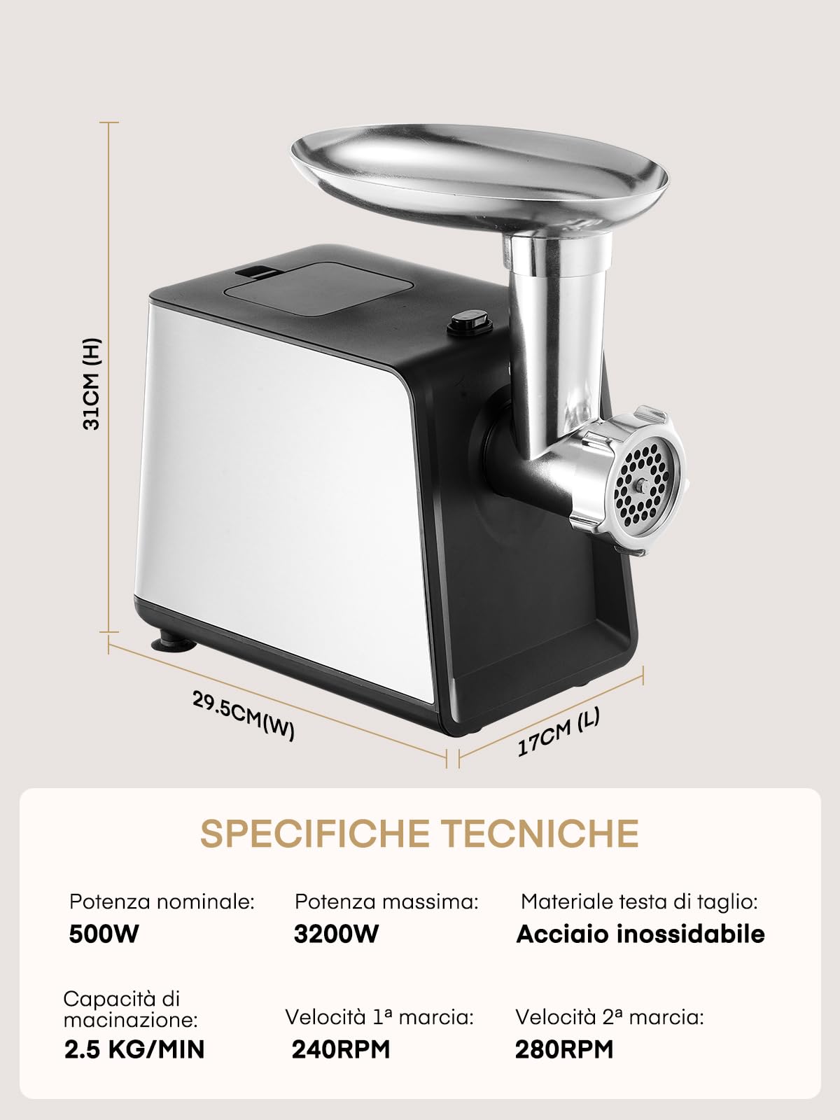 FOHERE Tritacarne Elettrico 3200W Max con 3 Piastre e 3 Tubi | Tritacarne professionale in acciaio inox con 2 lame e kit Kubbe per casa e selvaggina