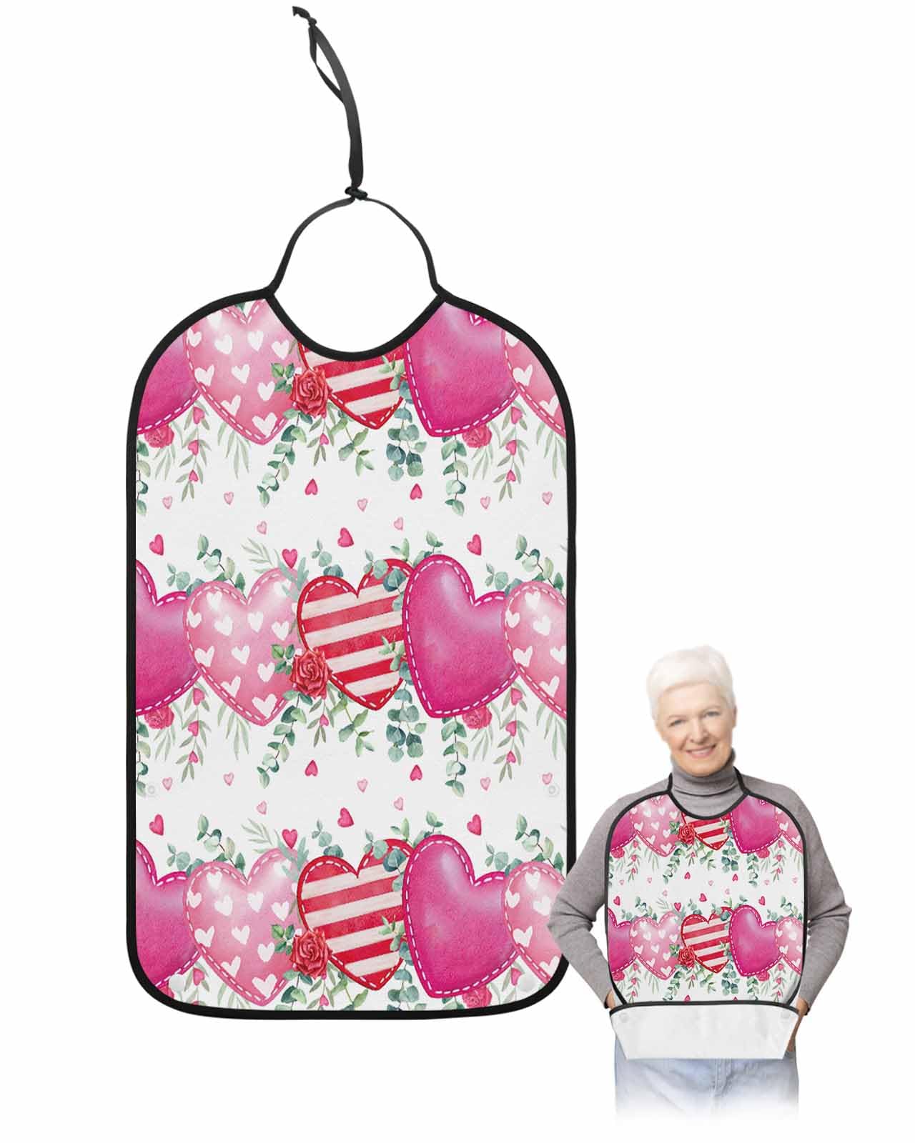 LEOKOTI Pink Valentines Adult Bibs for Eating, Waterproof Bibs with Food Catcher & Snap Closure, Eucalyptus Leaves Botanical Love Heart Washable Clothing Protectors Adult Bibs for Elderly