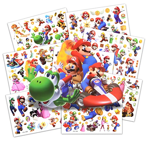 AOMIG Tattoo Kinder, 8 Blätter Mario Tattoo Set Mädchen Jungen, Kinder Tattoos zum Aufkleben, Hautfreundliche Temporäre Kindertattoos für Geburtstagsgeschenke Kindergeburtstag Mitgebse(Set K) Cover