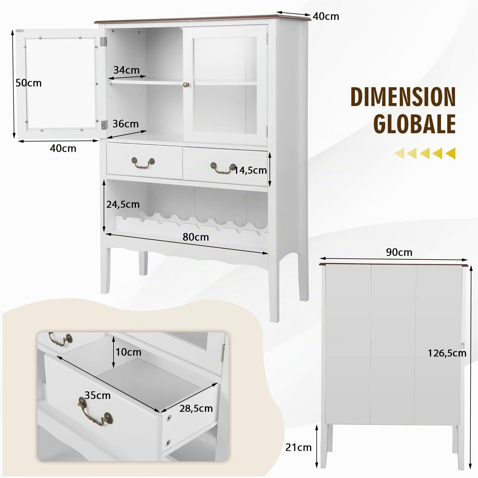 COSTWAY Buffet de Cuisine à 2 Portes Vitrées avec 2 Tiroirs Porte-Bouteilles, Meuble de Rangement Étagère Réglable Dispositif Anti-basculement pour Salon, Entrée, Cuisine, 90x40x126,5cm (Blanc)