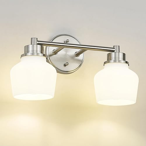 Emak VL122-BN-ML-2 - Lámpara de tocador de baño de níquel cepillado, 2 luces con pantalla de vidrio de leche, luces modernas para baño, espejo,