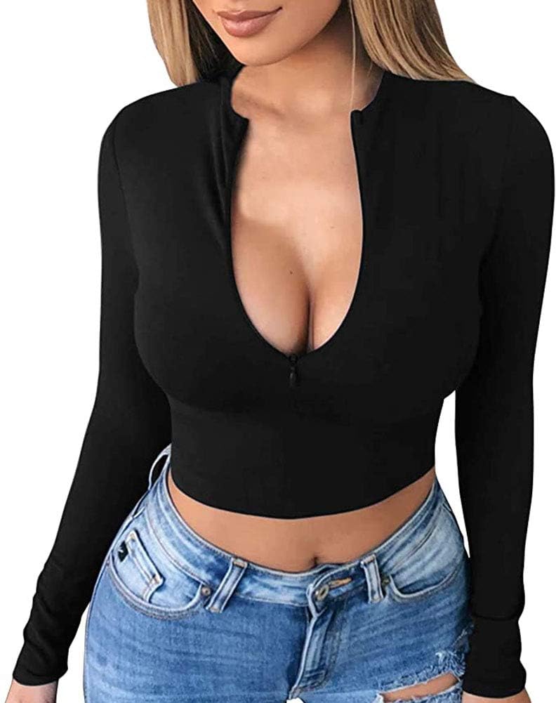 Artfish Women's Long Sleeve Quarter Zip Crop Tops Fleece Lined V Neck Fitted Sexy Cropped Shirts - Image 2