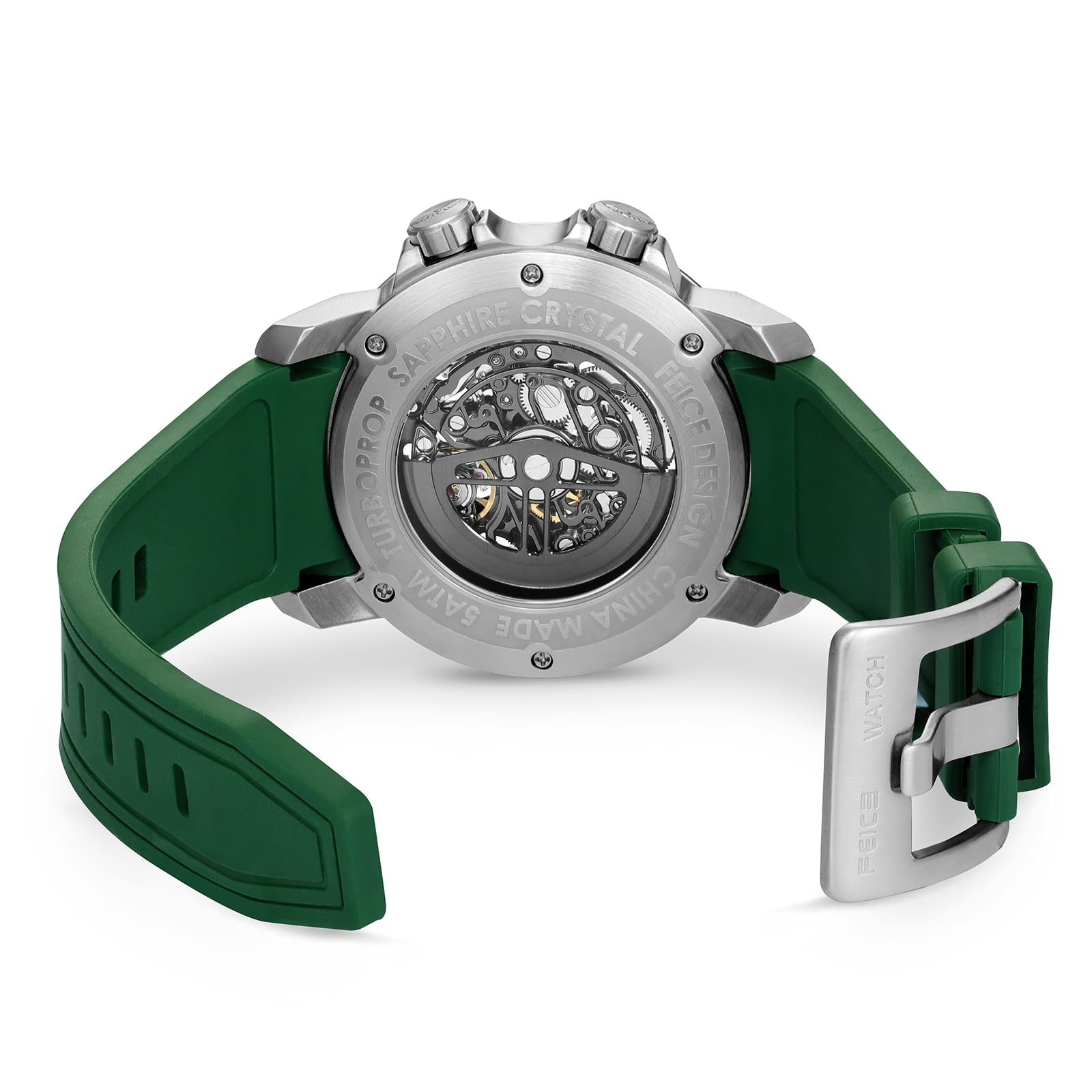 FEICE Orologio Automatico Uomo Orologio Scheletro Vetro Zaffiro con Cinturino Gomma Verde Acciaio Inossidabile Cassa 46mm FM511