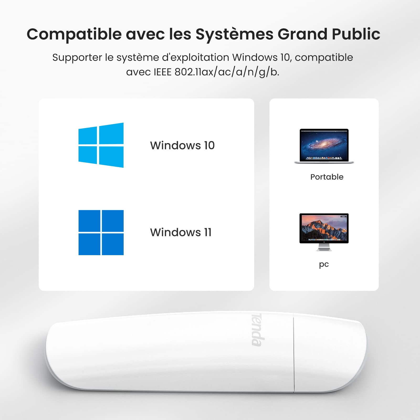 Tenda AX1800 Clé WiFi, Adaptateur USB 3.0 Wi-FI, Dongle WiFi, USB 3.0 Double Bande, MU-MIMO, 1800Mbps pour PC/Desktop/Laptop, Compatible avec Windows 11/10, Blanc (U18)