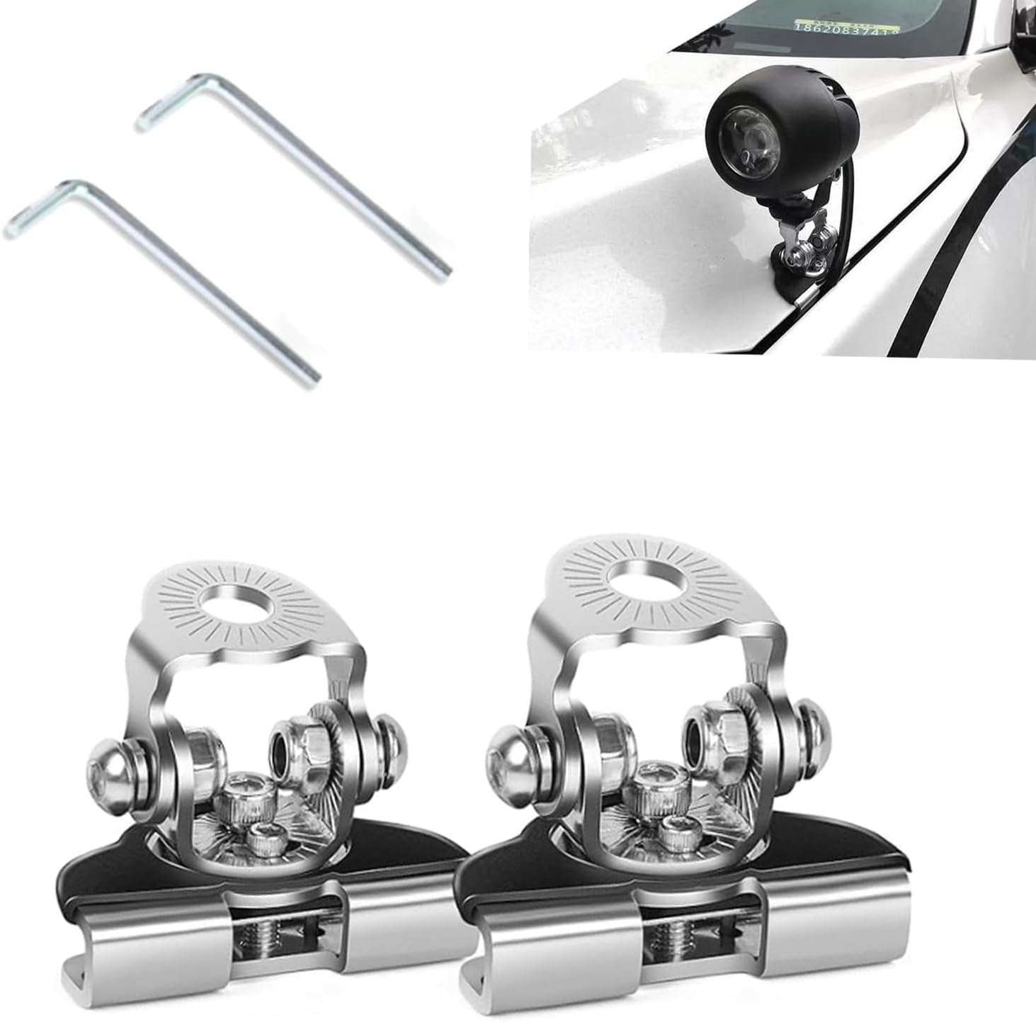 2 Pack Car LED Grille Light Bracket, Pillar Vehicle Hood Spotlight Holder, Universal Adjustable Fixing Accessories, Waterproof Durable Auxiliary Clamp Holder for Most Car Models (Silver)