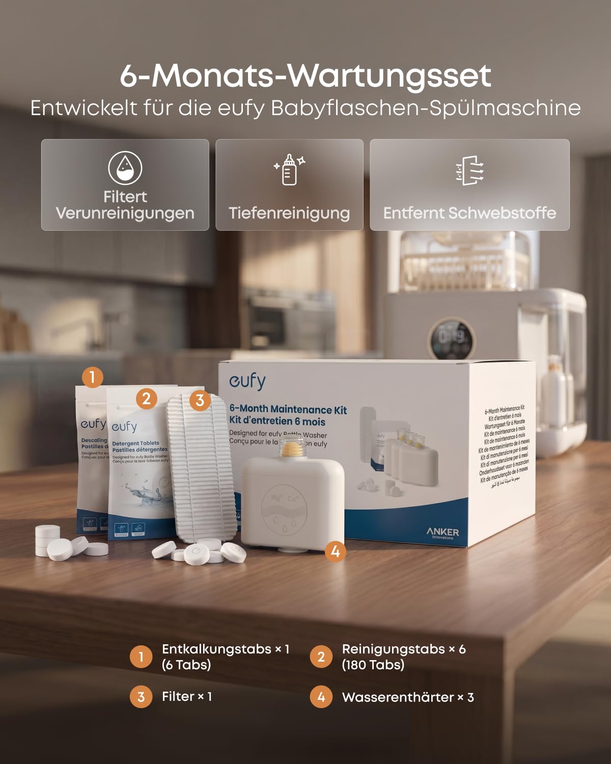 eufy 6-Monats-Wartungsset für Babyflaschen-Spülmaschine S1 Pro, Pflegeset mit integriertem Wasserenthärter (3 Stück), Reinigungstabs (180 Stück), Entkalkungstabs (6 Stück) und Filter