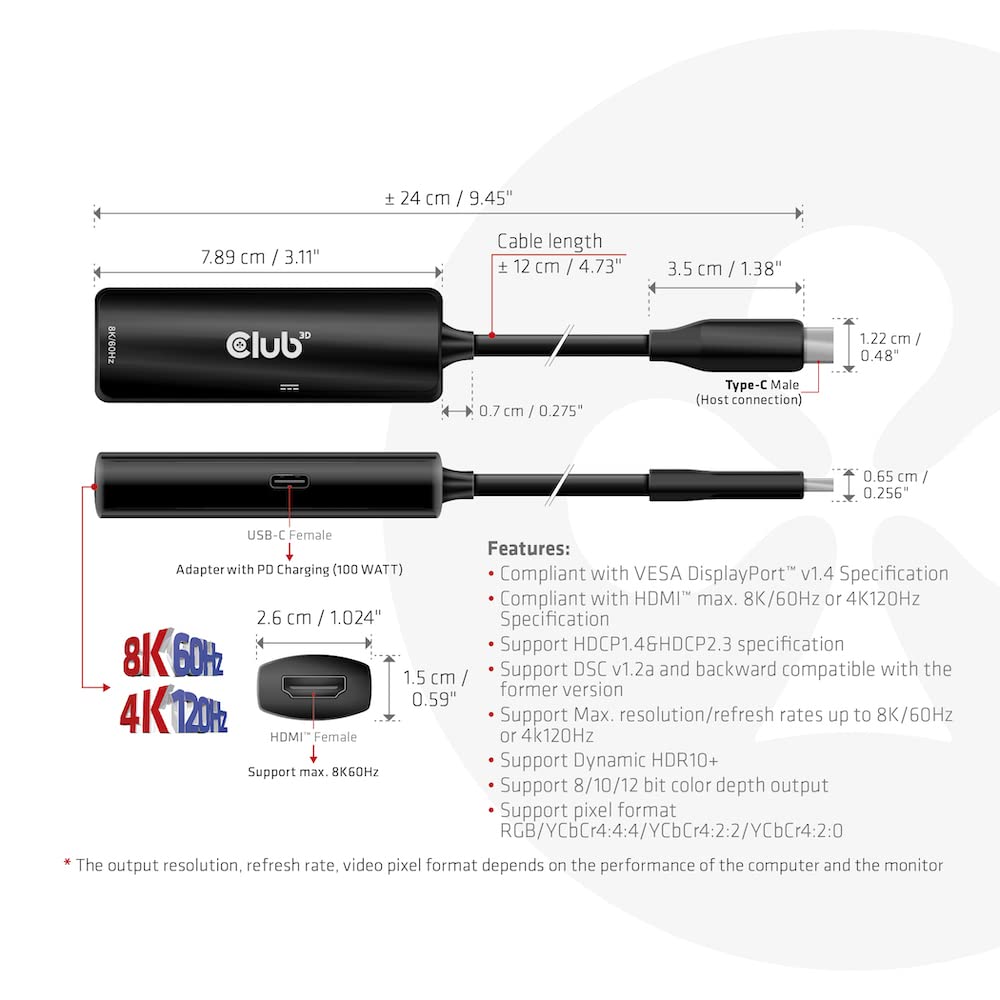 Club 3D CAC-1588 USB Gen2 Type-C a HDMI™ 8K60Hz o 4K120Hz HDR10, DSC1.2, Power Delivery 3.0 Adattatore attivo M/B.