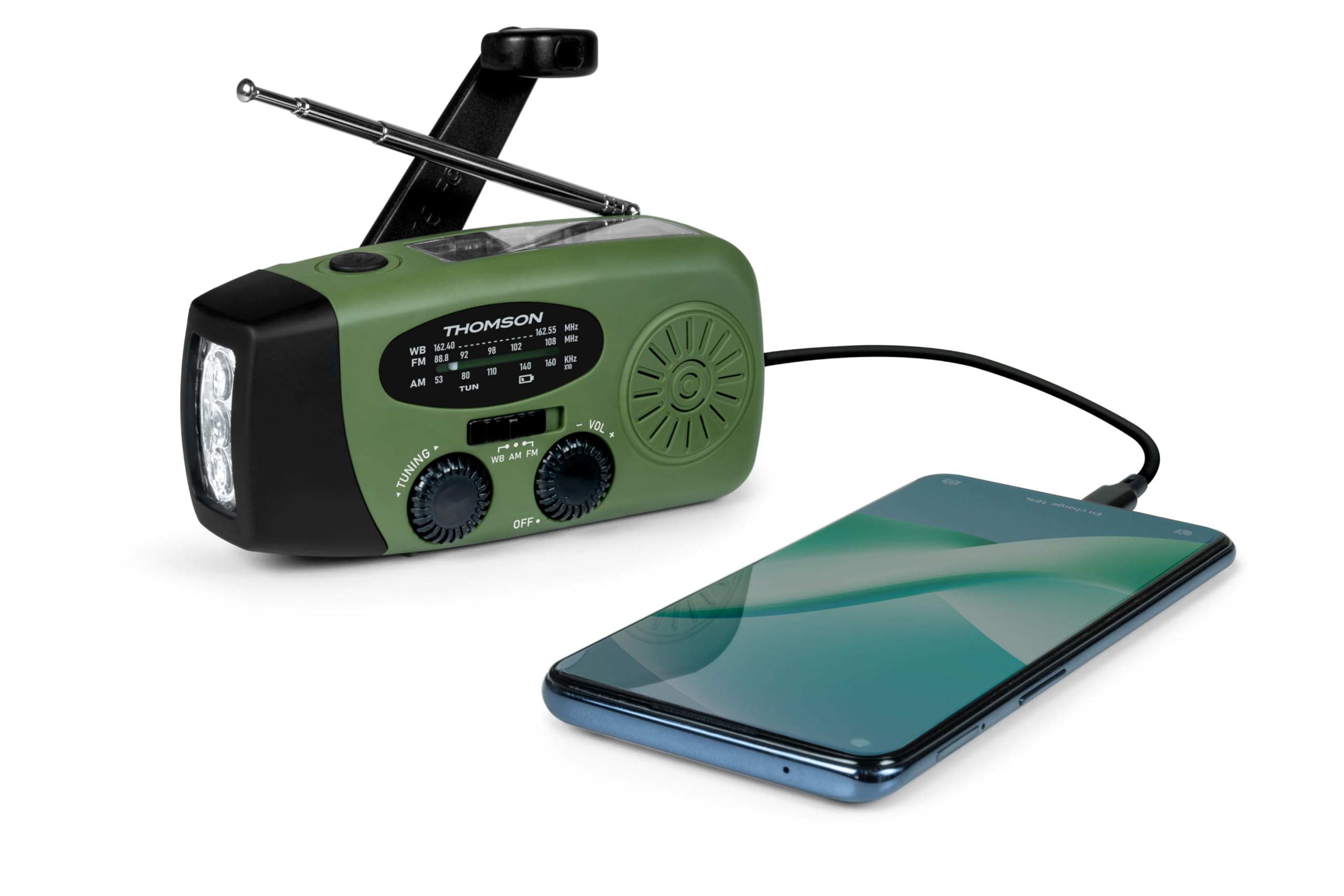 Thomson RT260 - Radio Solar de Emergencia FM/AM con Manivela, Portátil, Función Powerbank Solar 2000mAh, Linterna sin Pilas con Dinamo LED, botón SOS, Doméstica y de Camping