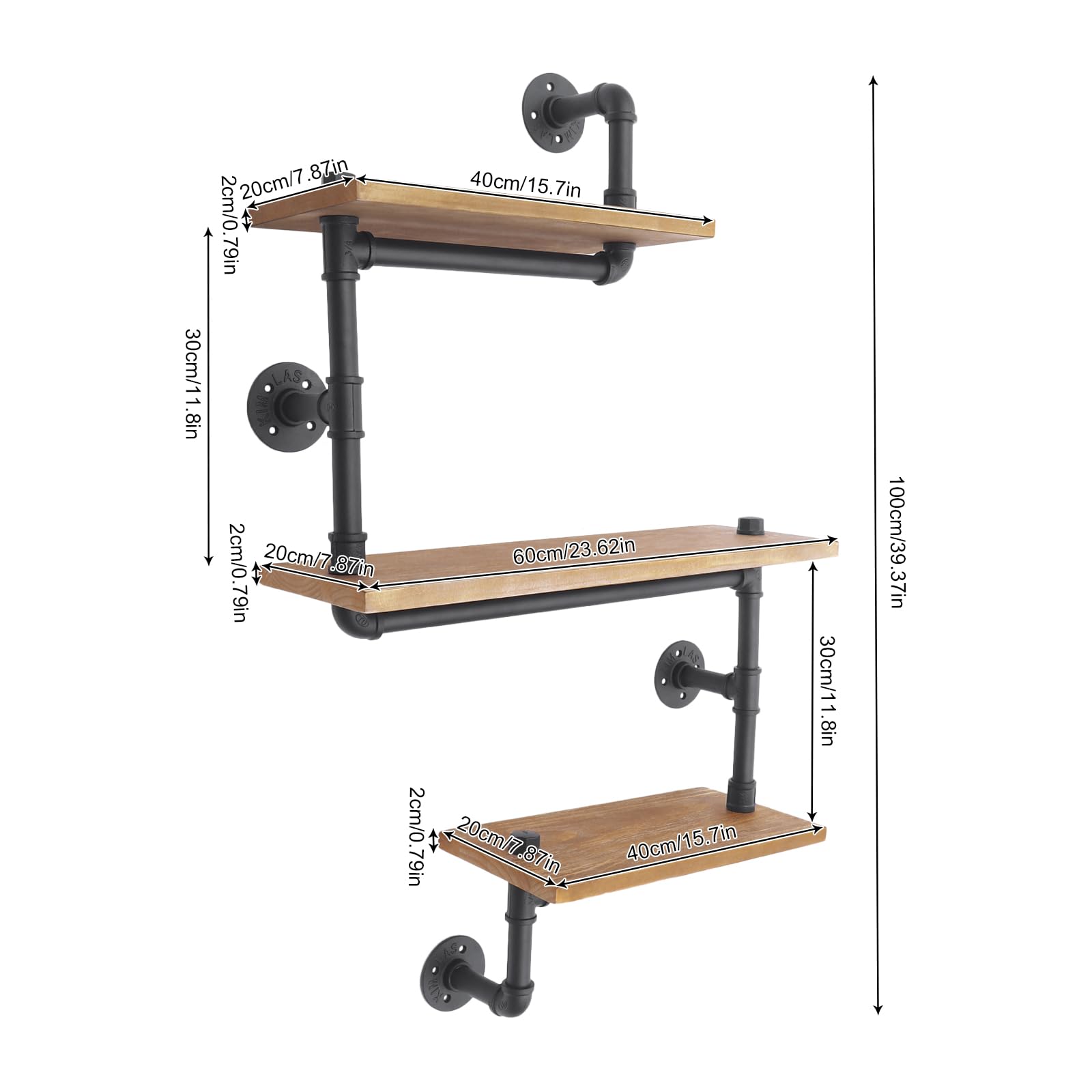 Regał ścienny, drewniany, metalowy, 3-poziomowy, do montażu na ścianie, przemysłowy design, regał kuchenny, regał na książki, do salonu, kuchni, biura