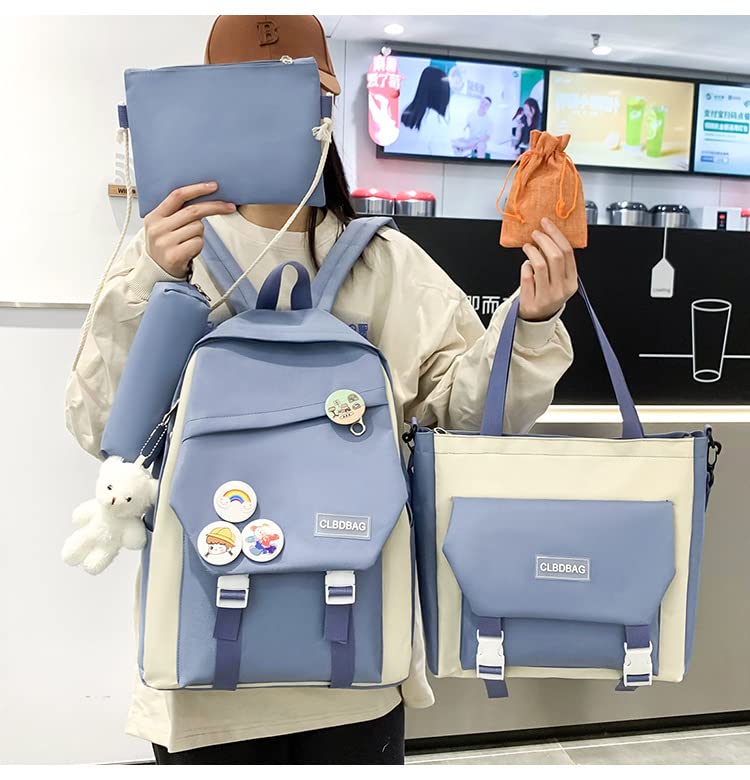 Sac à dos Kawaii 5 pièces - Sac à dos mignon avec pendentifs Kawaii et épingles - Accessoires pour adolescentes et filles - Sac à dos esthétique mignon, bleu