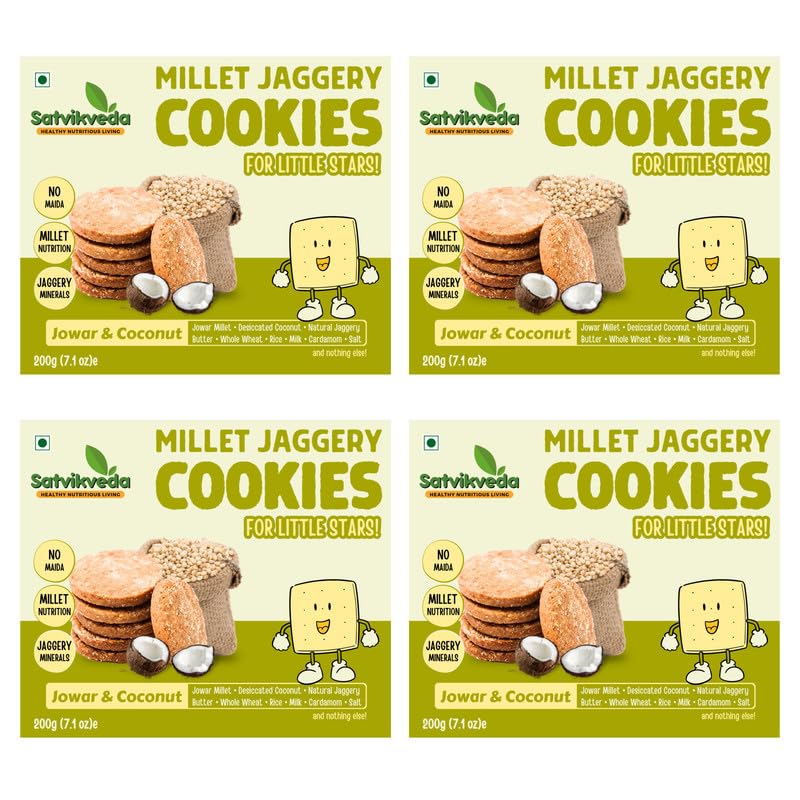 Satvikveda Jowar Millet Coconut Biscuits 200 grams (Pack of 4) | Millets Jaggery Cookies | Healthy Snacks for Kids & Adults | Junk Free | No Added Sugar & Maida | Goodness of Sorghum, Nariyal, Butter (B0CB4S2KV4) Amazon Price History, Amazon Price Tracker