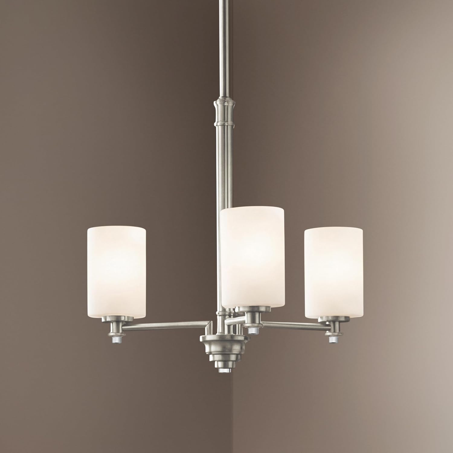 Kichler Joelson 18.5" 3 Light Mini Chandelier with Satin Etched Cased Opal and Clear Glass Accent Glass in Brushed Nickel