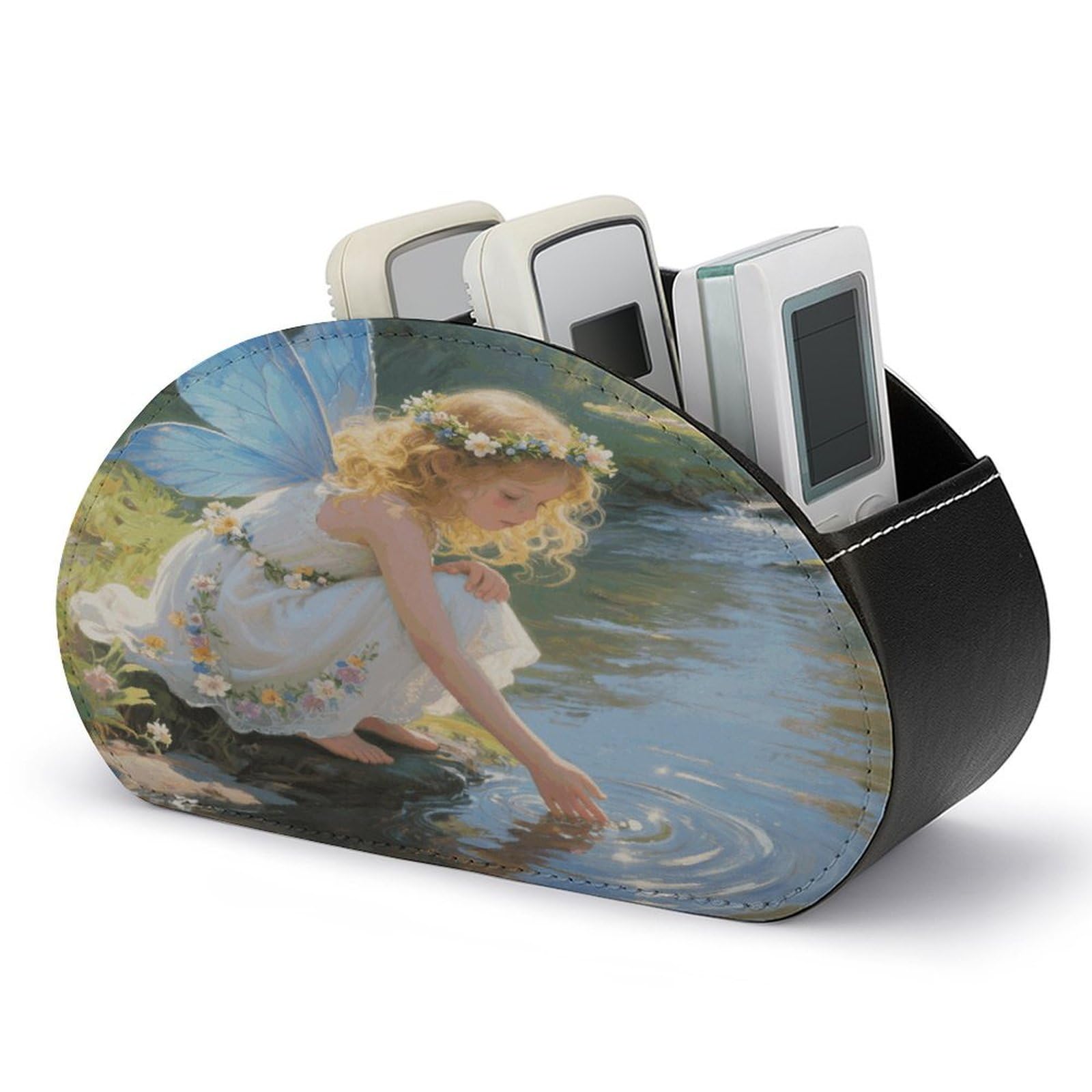 VstaDank Stream Water Flower Fairy Remote Control Holder with 5 Compartments PU Leather TV Remoter Caddy Desktop Organizer TV Remote Holder Remote Box for Media Controllers Office Supplies