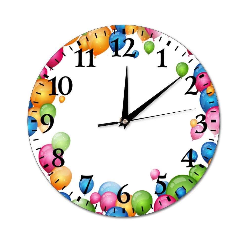 Mesllings Wall Clocks Happy Holiday Balloons Customization Text Round Glass Wall Clock, Wall Decor Clocks for Kitchen, Office, Retro Hanging Clock, Home Decor Accessories